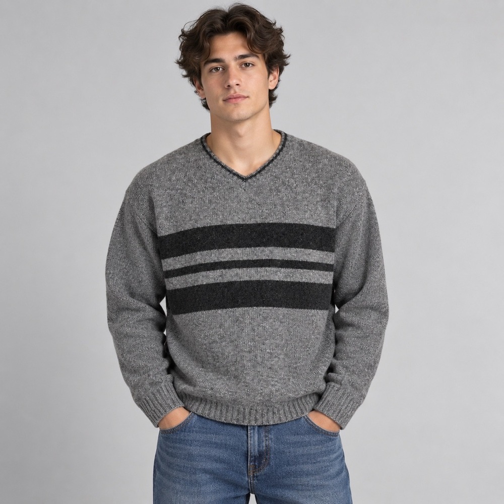 Vintage 90s Jay Jacobs Sweater Mens Medium Gray Striped Lambswool Blend V-Neck